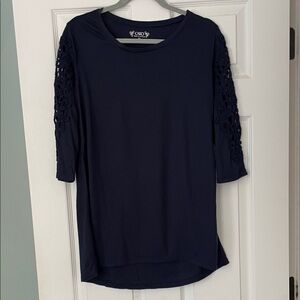 Navy Blue Blouse with Lace Sleeves M